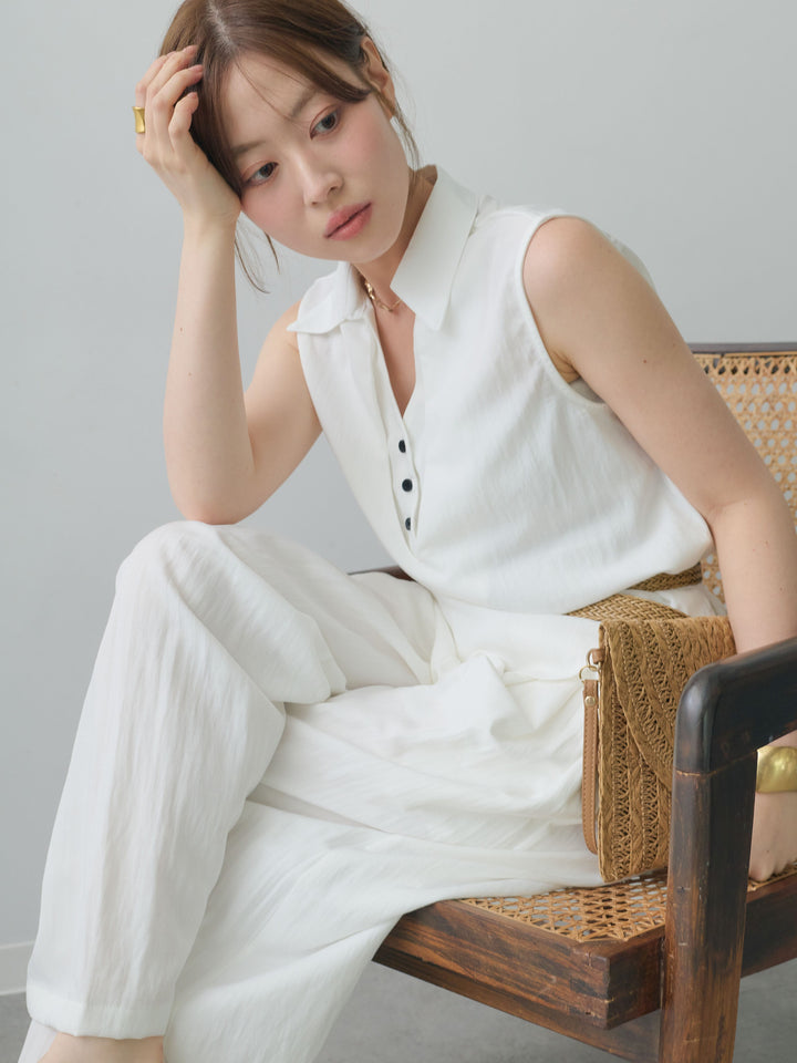[SET]ベルト付レイヤードカラーノースリトップス＆イージータックワイドパンツSET UP(2SET)