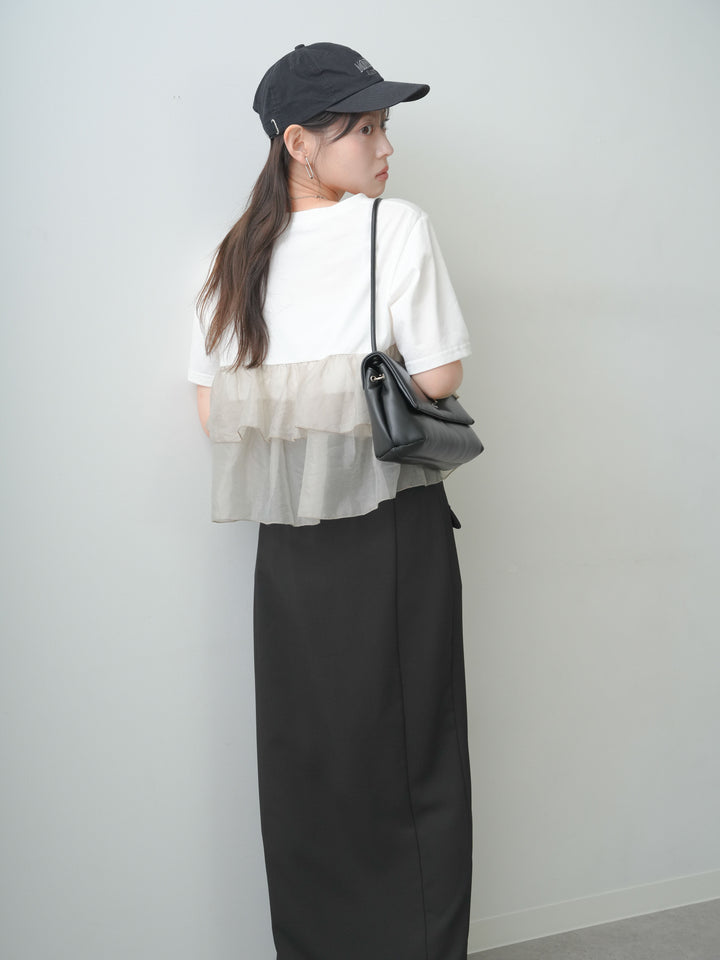 [SET]オーガンジーフリルドッキングTEE+クレープデシンフラップ付きストレートスカート(2set)