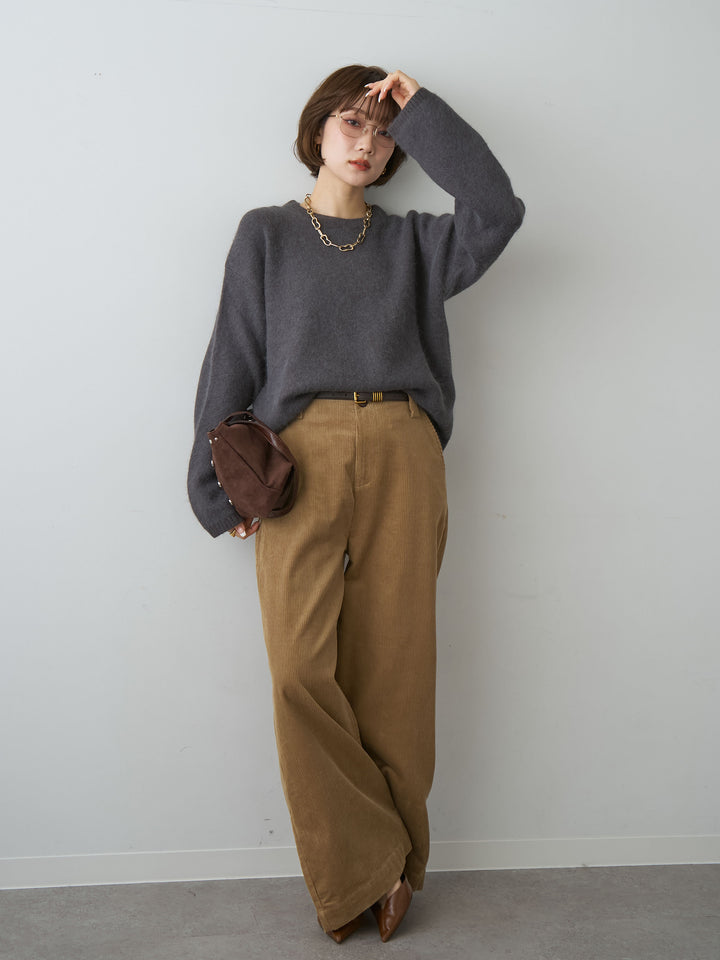 [SET]ソフトシャギークルーネックプルオーバー+ベルト付コーディロイワイドストレートパンツ(2set)