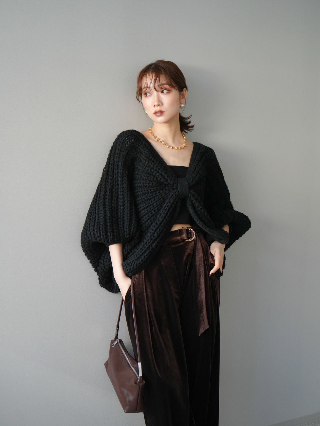 [予約]ローゲージ畦編みドルマンニットボレロ/black