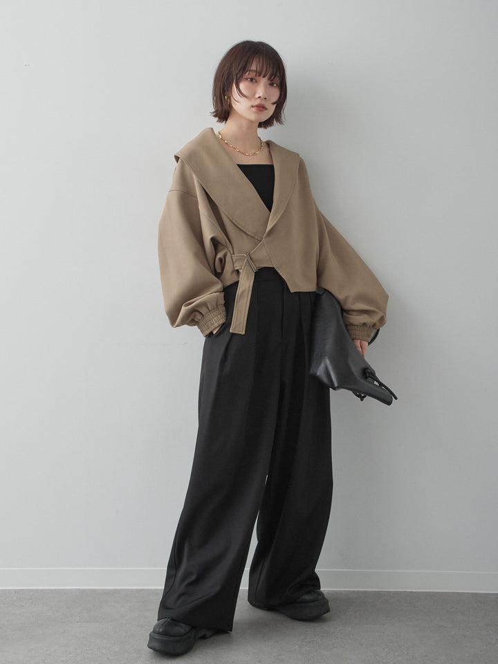 [SET]サイドベルトビッグカラーショートジャケット+カップ付きバッククロスキャミソール+ツイルタックワイドパンツ(3set)