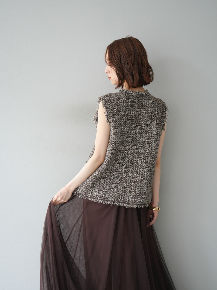 [予約]ミックスツイードフリンジニットベスト/ブラウン