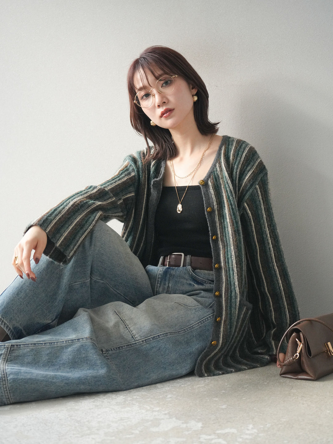 [予約]アンティークボタンストライプニットカーディガン/charcoal