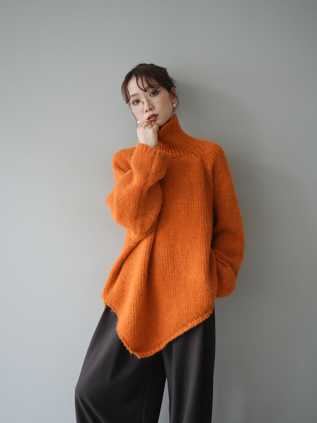 [予約]アシンメトリーハイネックニットプルオーバー/orange