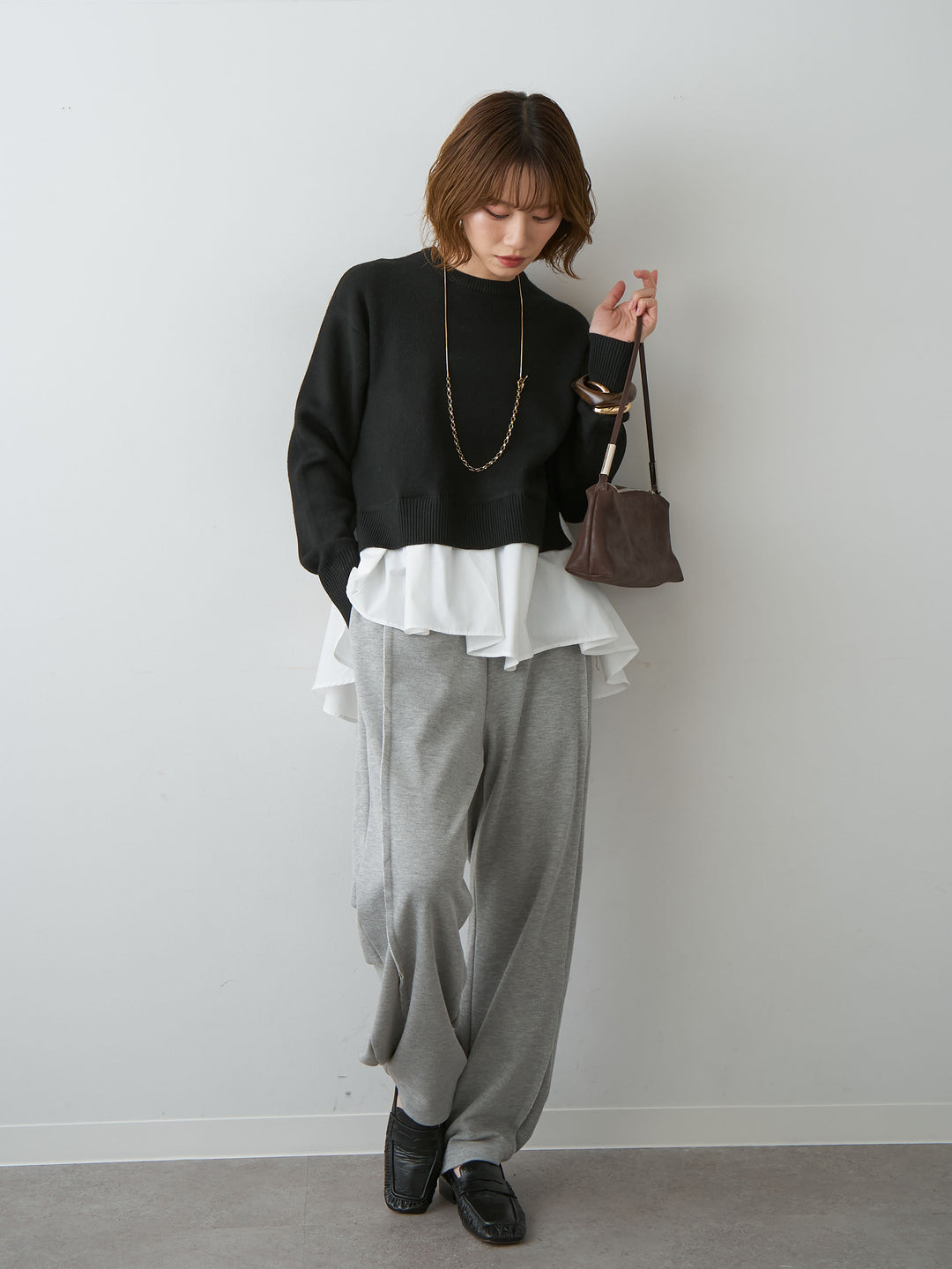 [SET]アシンメトリーシャツレイヤードニットプルオーバー+2WAYデザインスウェットパンツ(2set)