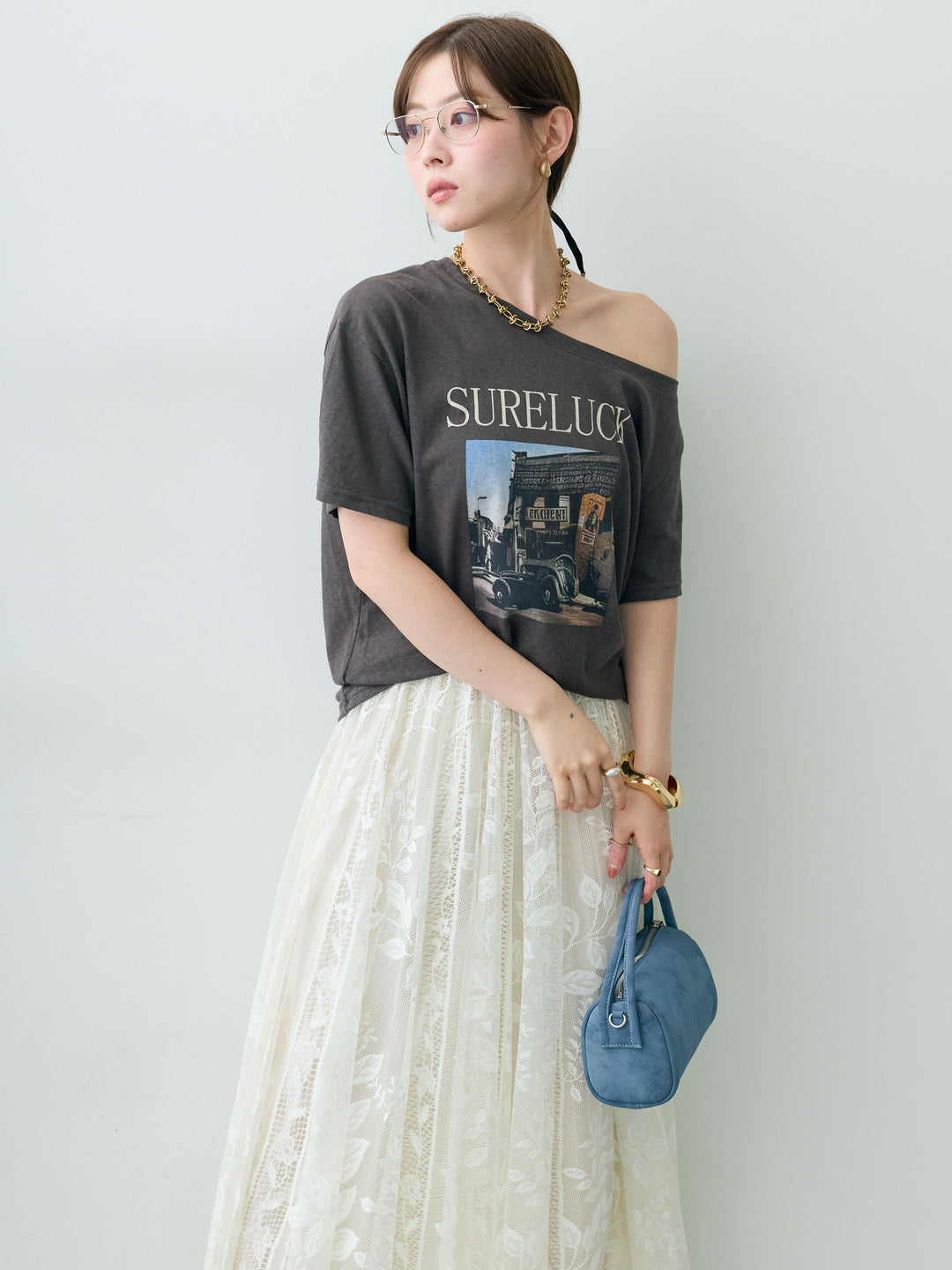 [SET]ワイドネックプリントTEE+ボタニカルパネルレースフレアスカート(2set)