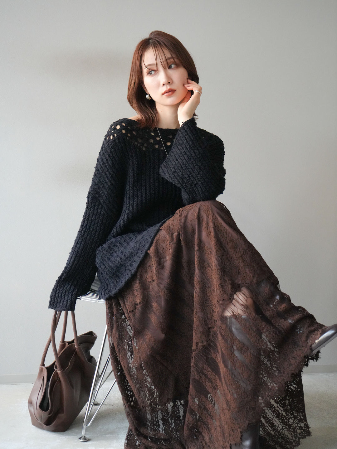 [予約]ボートネック透かし編みニットプルオーバー/navy