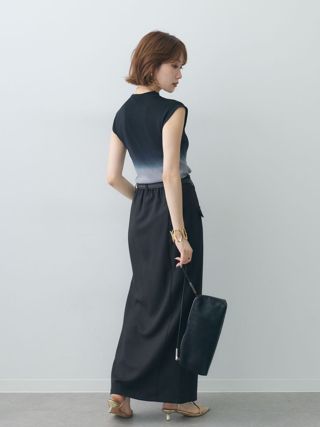 [SET]グラデーションフレンチリブニットトップス+クレープデシンフラップ付きストレートスカート(2set)