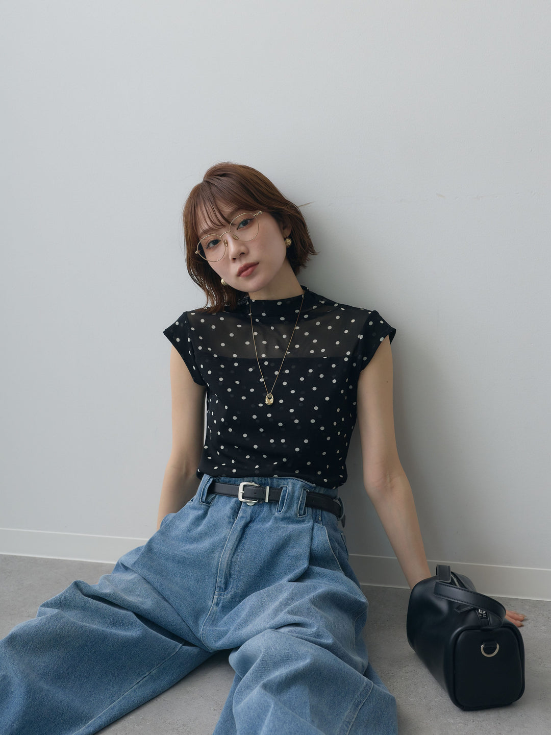 [予約]プチネックドットシアートップス/black