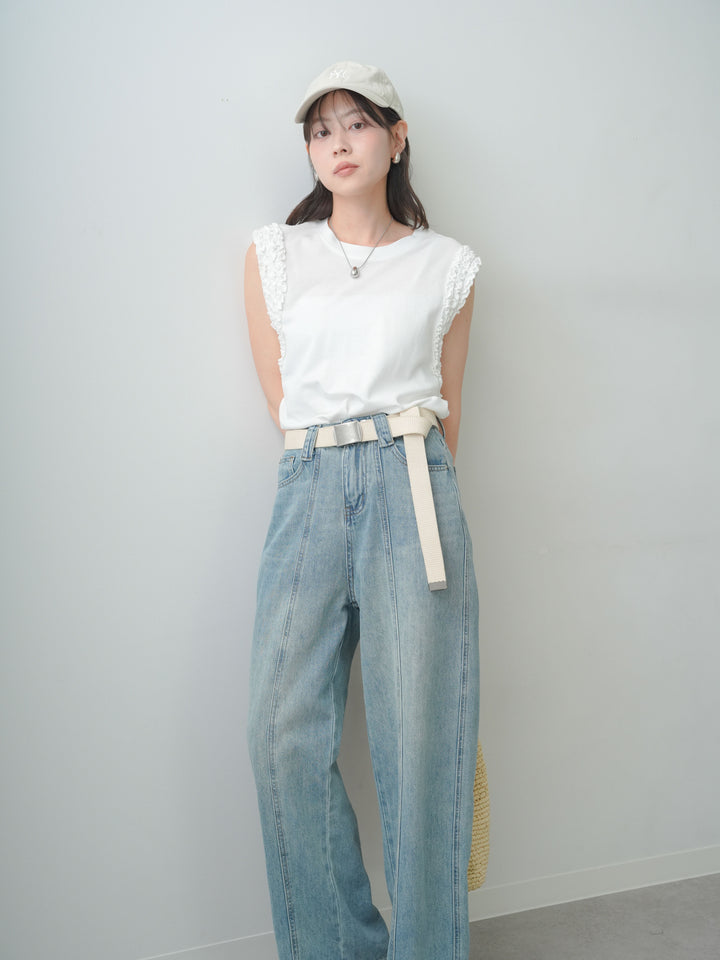 [SET]ホイップフリルフレンチTEE+センターラインワイドストレートデニム(2set)