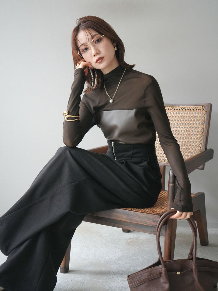 [予約]レザー切替プチネックシアートップス/khaki