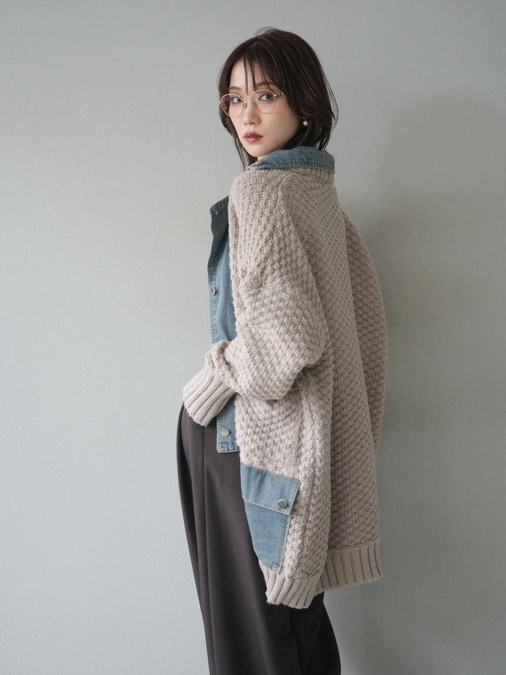 [SET]デニム襟レイヤードニットジャケット+ベルトループデザインワイドパンツ(2set)