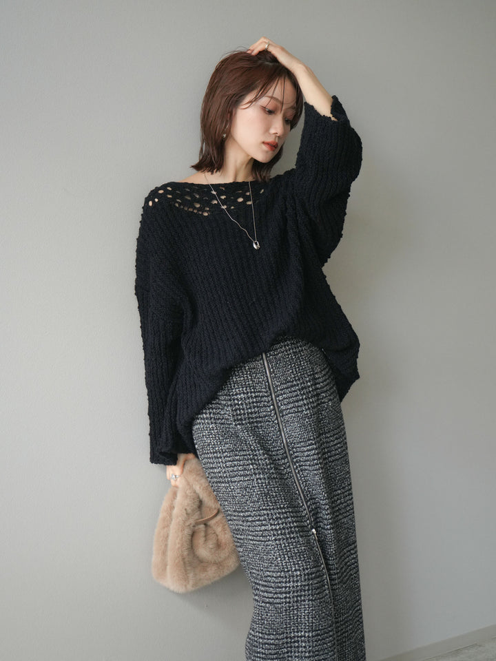 [予約]ボートネック透かし編みニットプルオーバー/navy