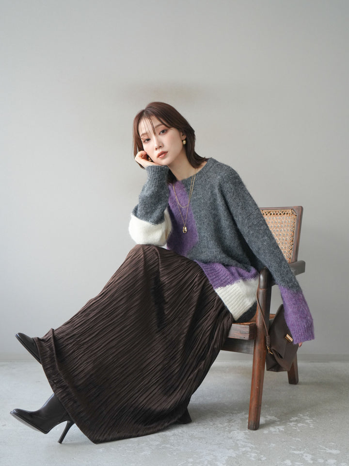 [予約]ウェーブバイカラーニット/purple