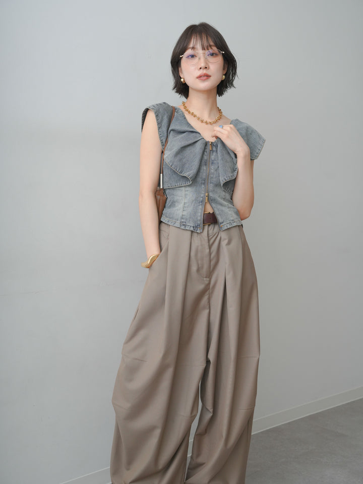 [SET]フロントジップフリルカラーデニムトップス+ショルダータックノースリーブオーバーTEE+ベルトループカーブタックワイドパンツ(3set)