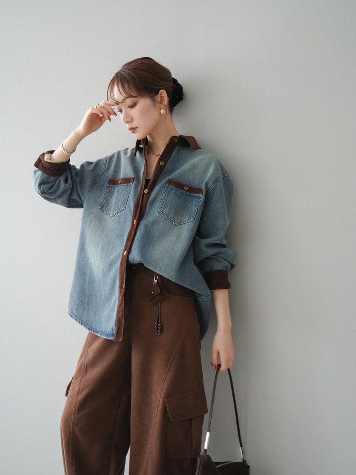 [予約]裏起毛コーデュロイ襟デニムシャツジャケット/ blue