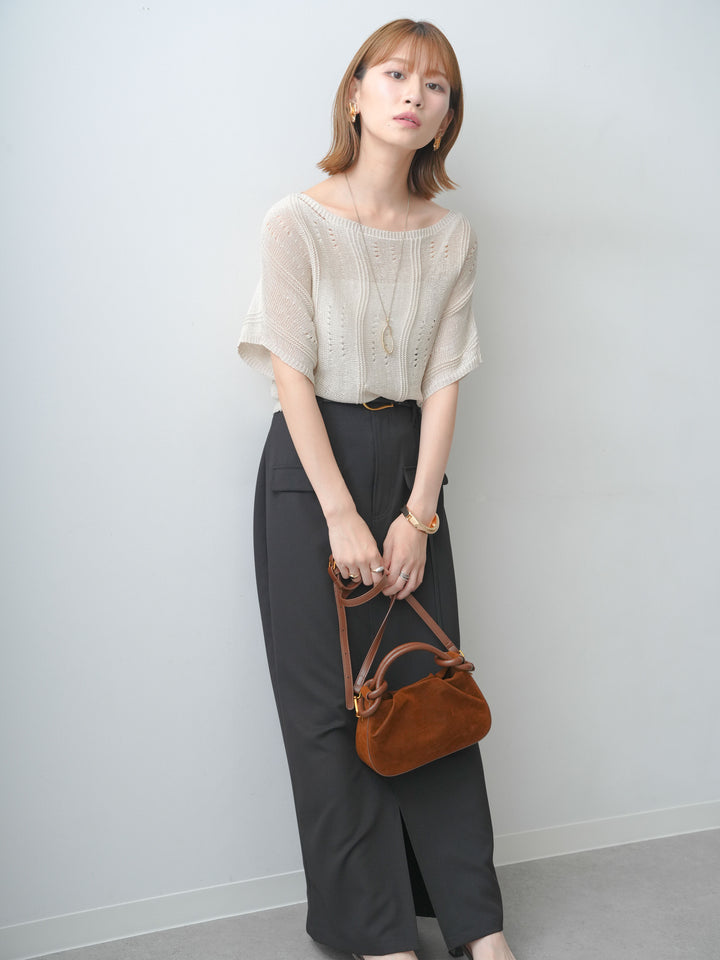 [SET]アイレットサマーニットトップス+クレープデシンフラップ付きストレートスカート(2set)