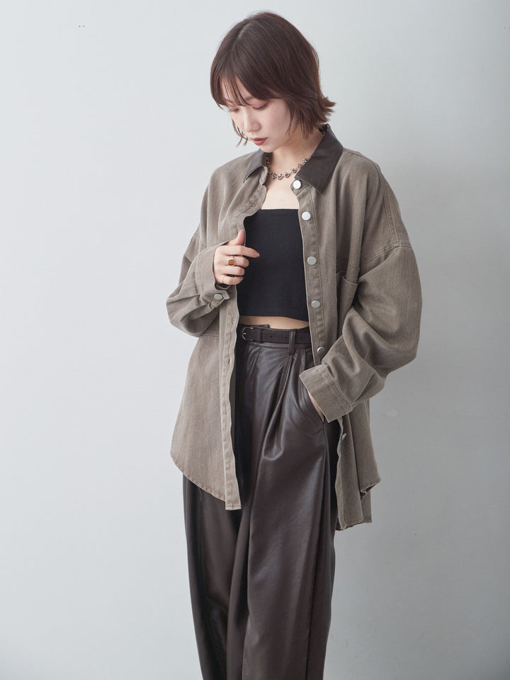 [SET]レザーカラーデザインポケットオーバーシャツ+フェイクレザーワイドパンツ(2set)