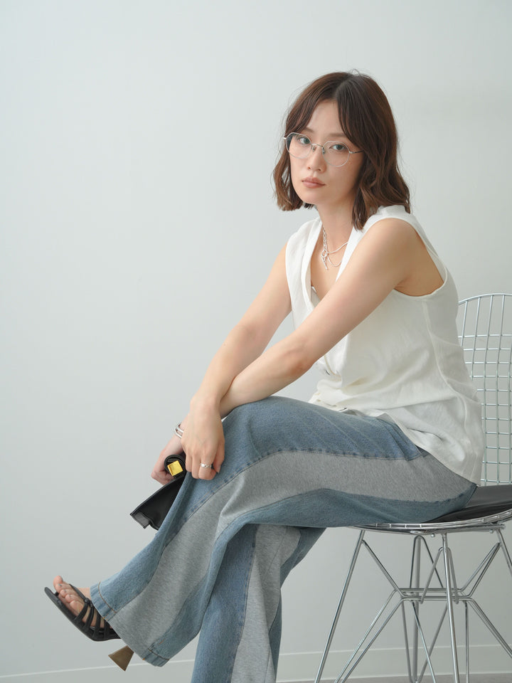 [SET]巻きデザインノースリブラウス+デニム切替スウェットパンツ(2set)