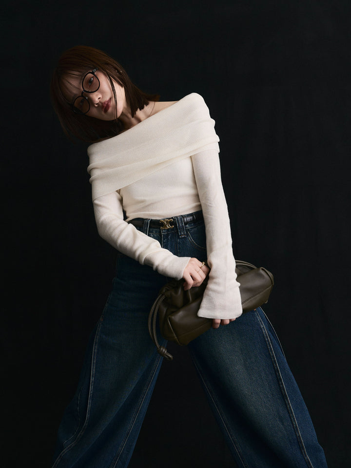 【Allure】[SET]オフショルニットトップス+サイドタックヴィンテージワイドデニム(2set)