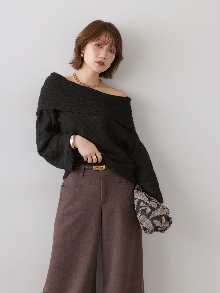 [予約]アシメデザインオフショルニットトップス/black