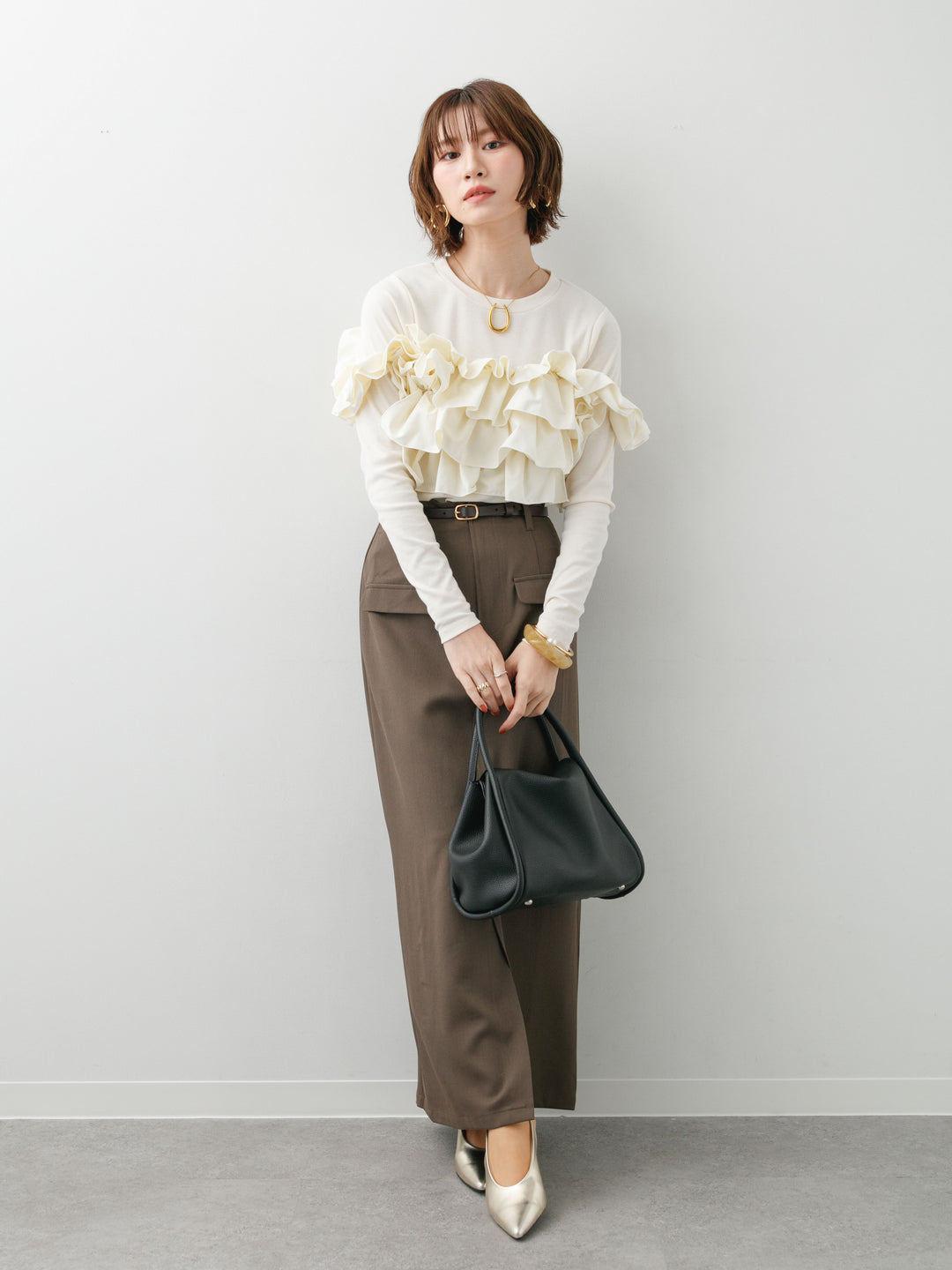 [SET]カットリブマルチWAYトップス+クレープデシンフラップ付きストレートスカート(2set)