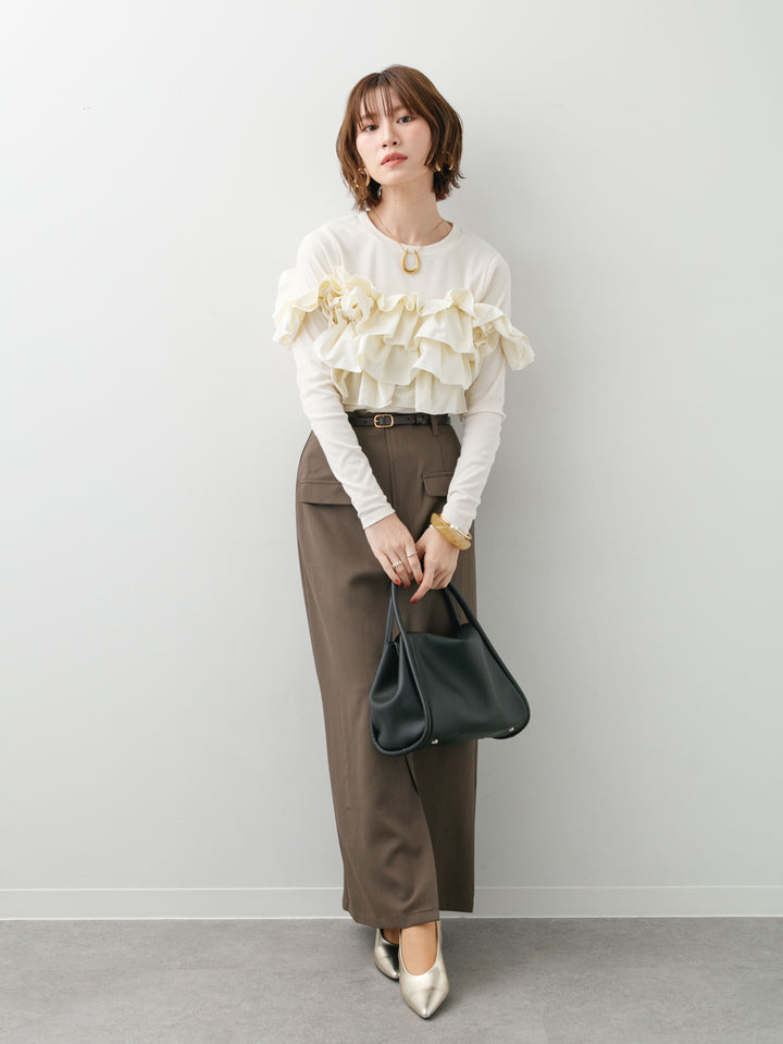 [SET]カットリブマルチWAYトップス+クレープデシンフラップ付きストレートスカート(2set)