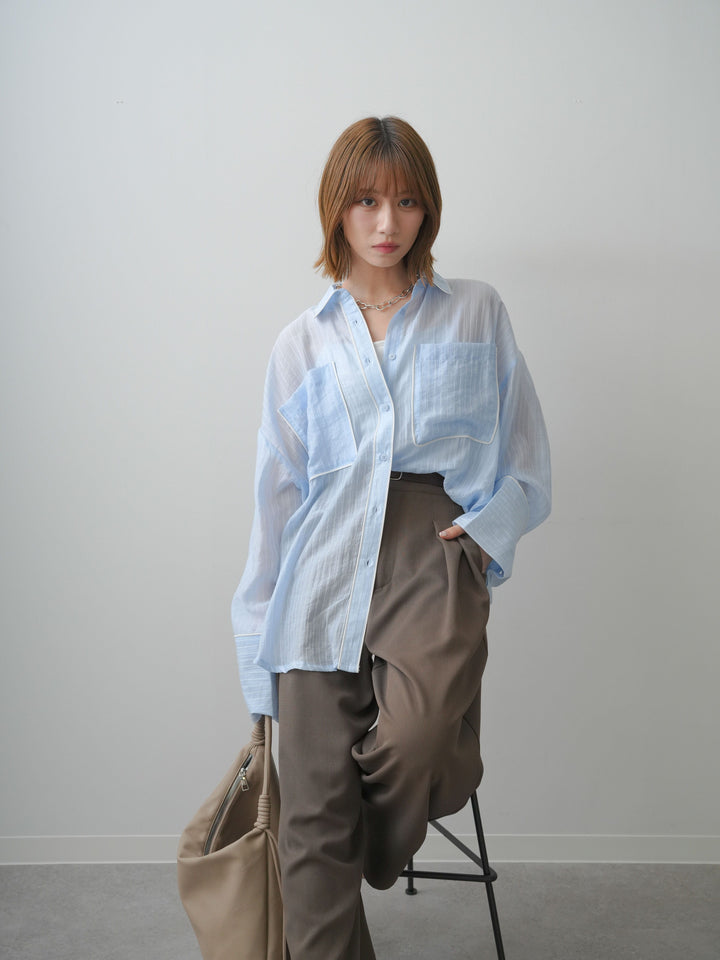 [SET]バイカラートリムオーバーストライプシャツ+クレープデシンタックワイドパンツ(2set)