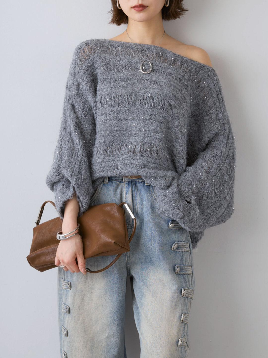 [予約]ミックス透かし編ワイドネックニットトップス/gray