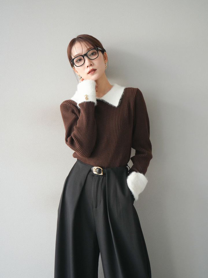 [SET]シャギー襟リブニットトップス+ベルトループデザインワイドパンツ(2set)