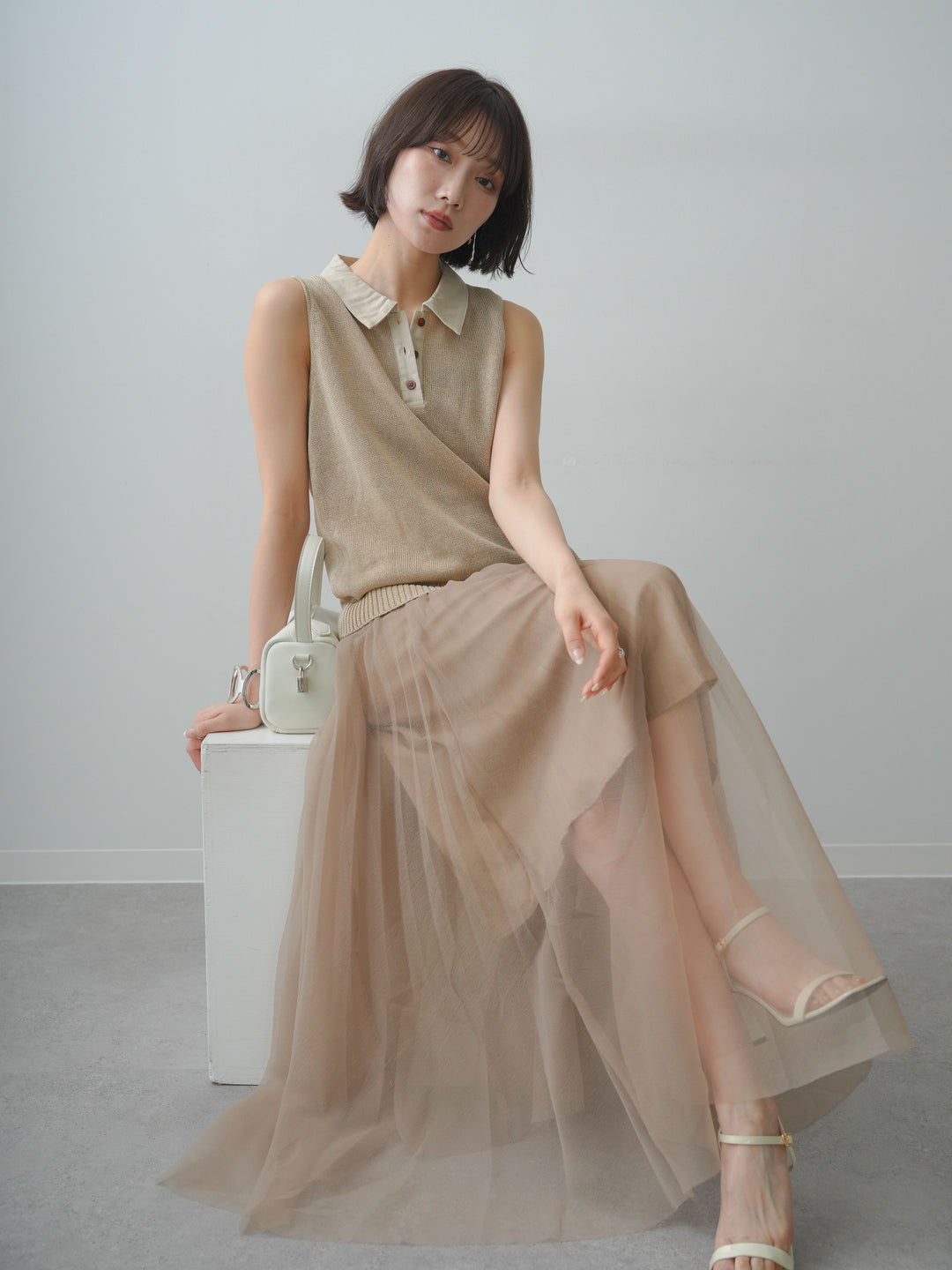 [予約]ポロカラーシアーノースリニットトップス/beige