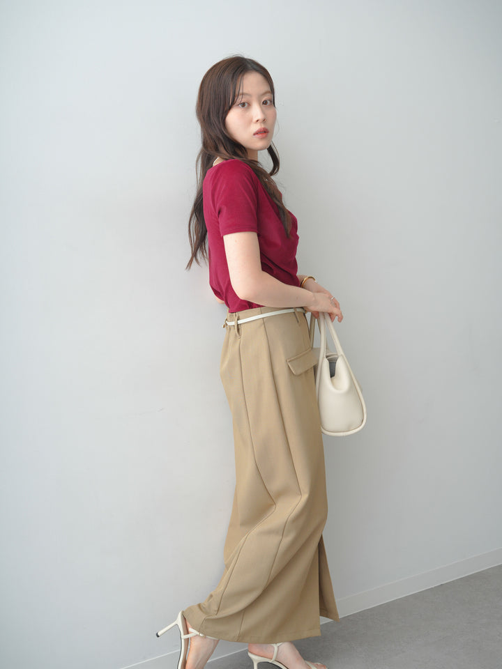 [SET]アシメネックシアーベロアトップス+クレープデシンフラップ付きストレートスカート(2set)