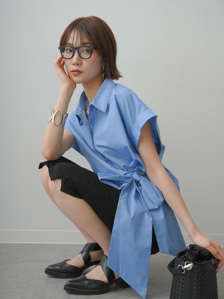 [予約]サイドリボンフレンチスリーブシャツ/blue