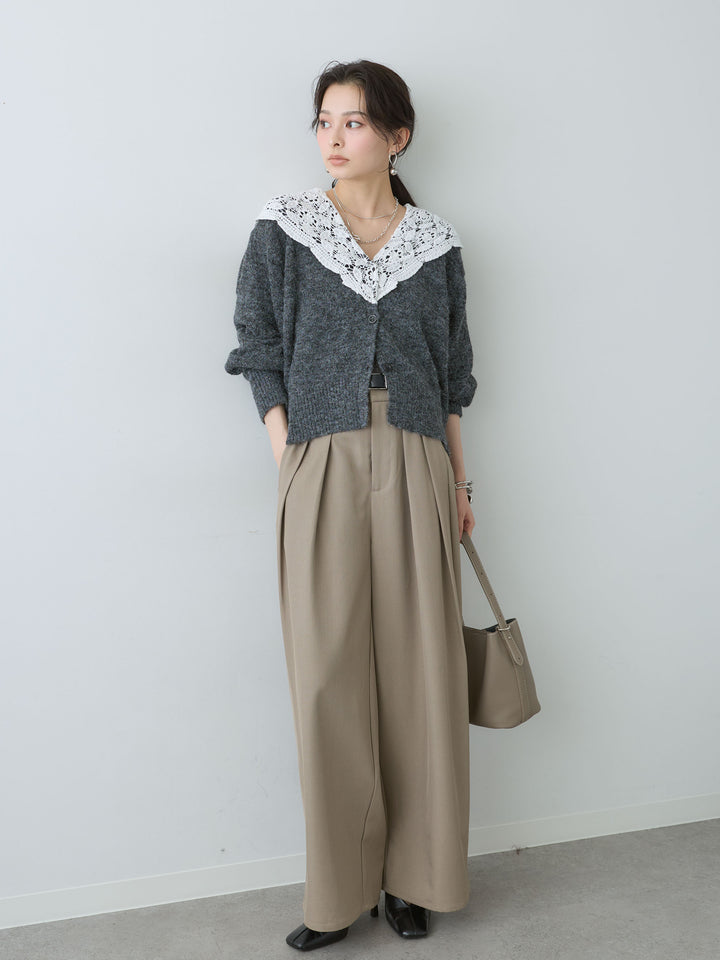 [SET]モヘアレースショールカラーカーディガン+ツイルタックワイドパンツ(2set)