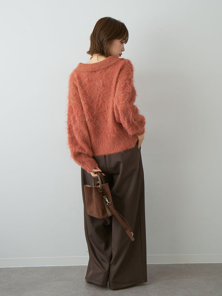 [SET]ヘンリーシャギーニットトップス+ツイルタックワイドパンツ(2set)