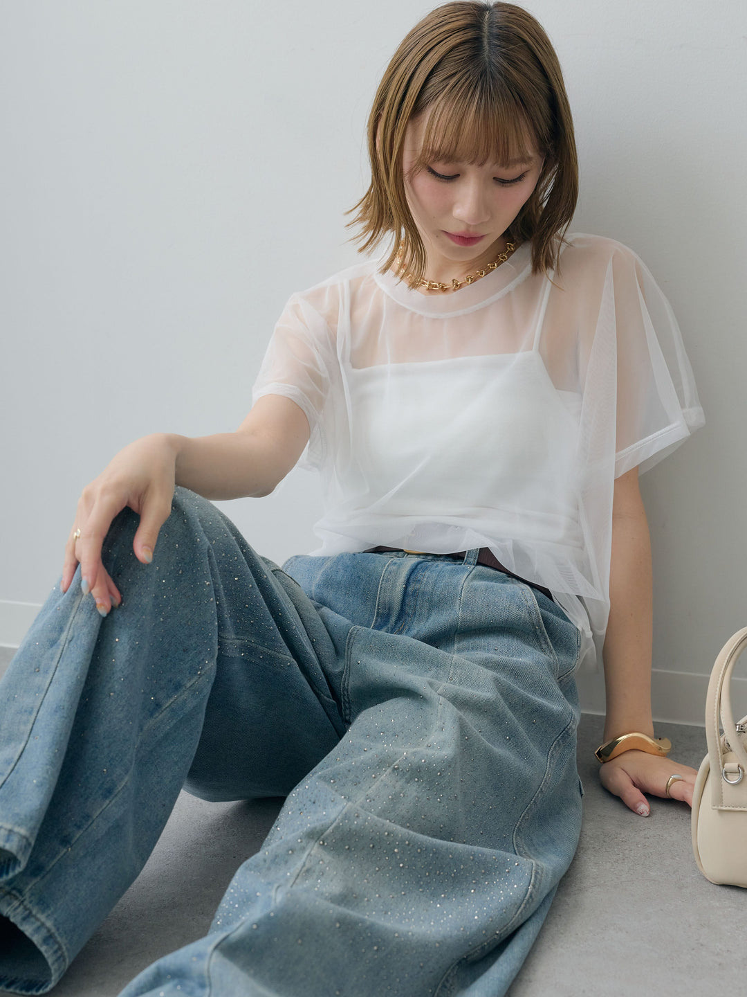 [SET]インナーキャミ付シアーオーバーTEE+フロントビジューカーブデニムパンツ(2set)
