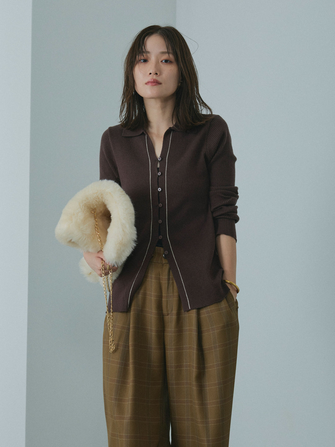 【Allure】[SET]リブ配色ラインポロニットカーディガン+杢チェックタックパンツ(2set)