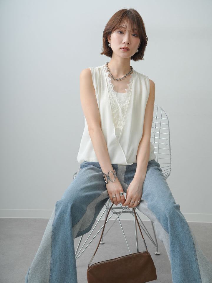 [SET]レースレイヤードカシュクールノースリブラウス+選べるアクセセット(2set)