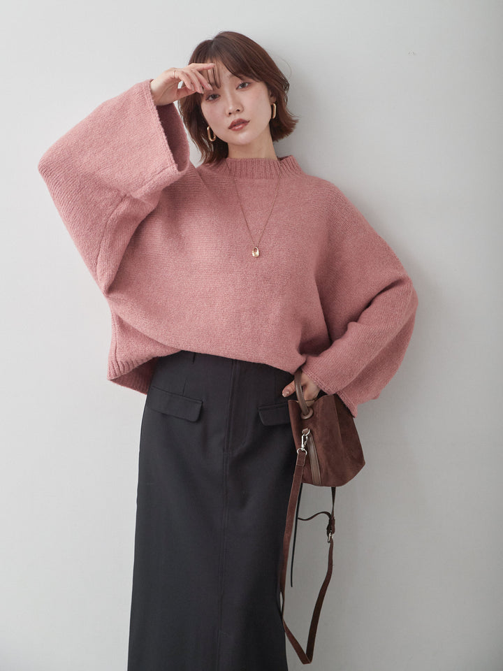 [予約]ワイドスリーブボトルネックニットトップス/red