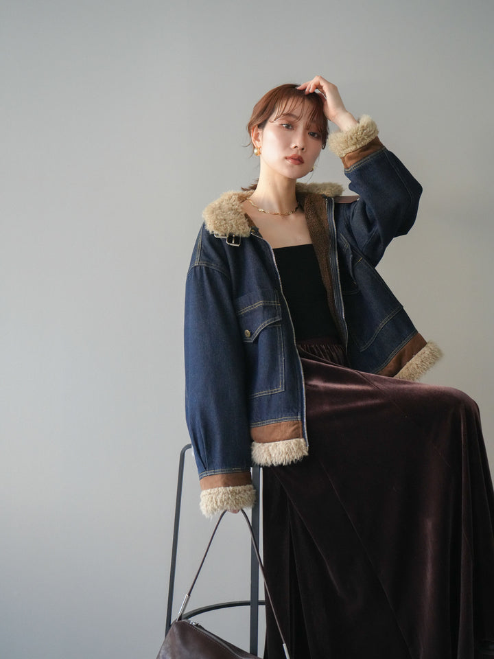 [予約]スタンドカラーファー×デニムジャケット/indigo