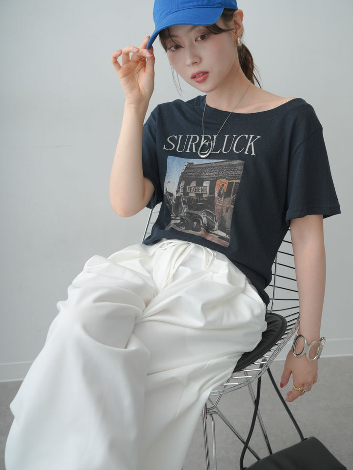 [SET]ワイドネックプリントTEE+ベルトループカーブタックワイドパンツ(2set)