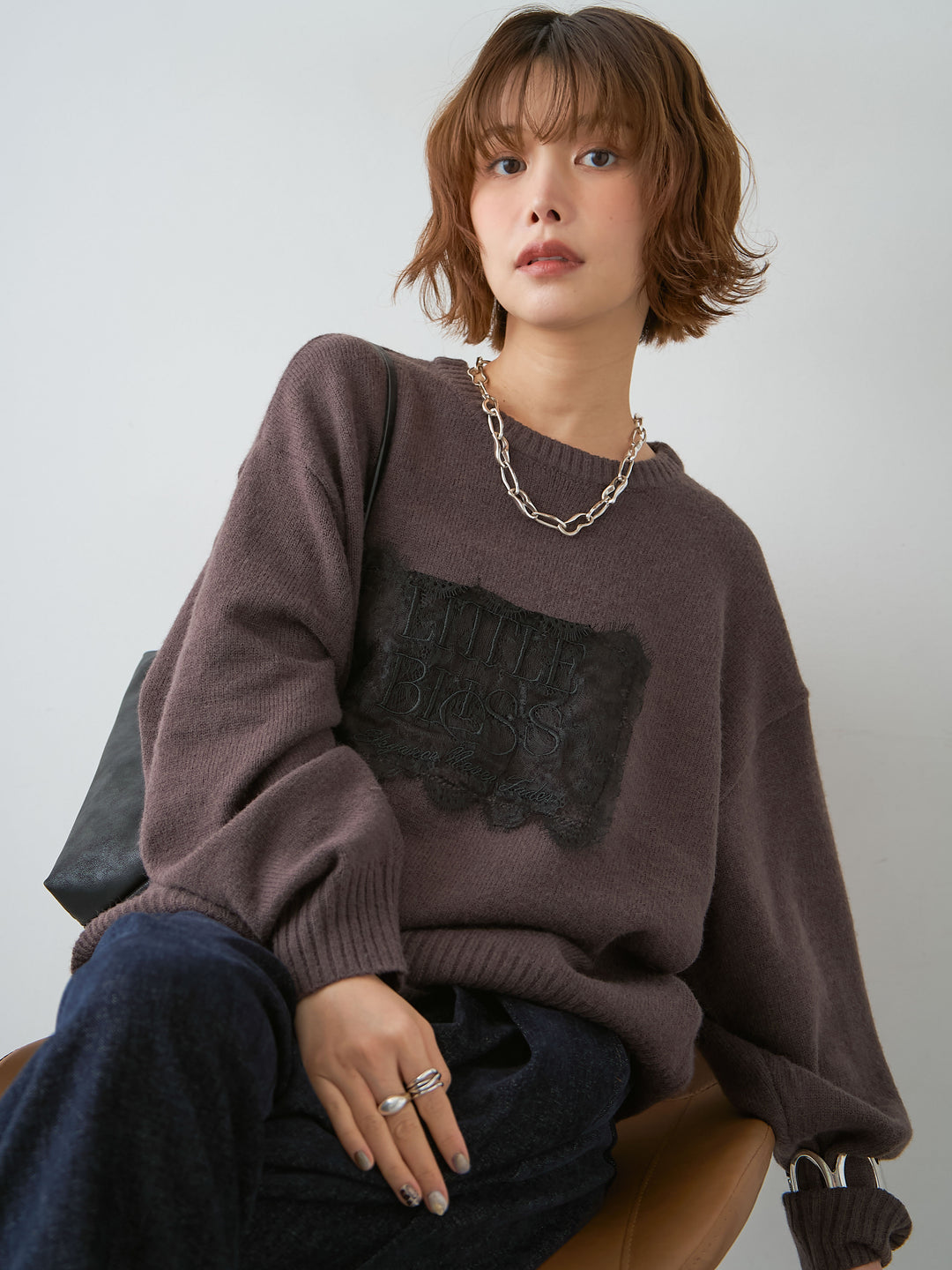 [SET]アルパカタッチ刺繍レースロゴニットプルオーバー+ベロアデニムタックワイドパンツ(2set)