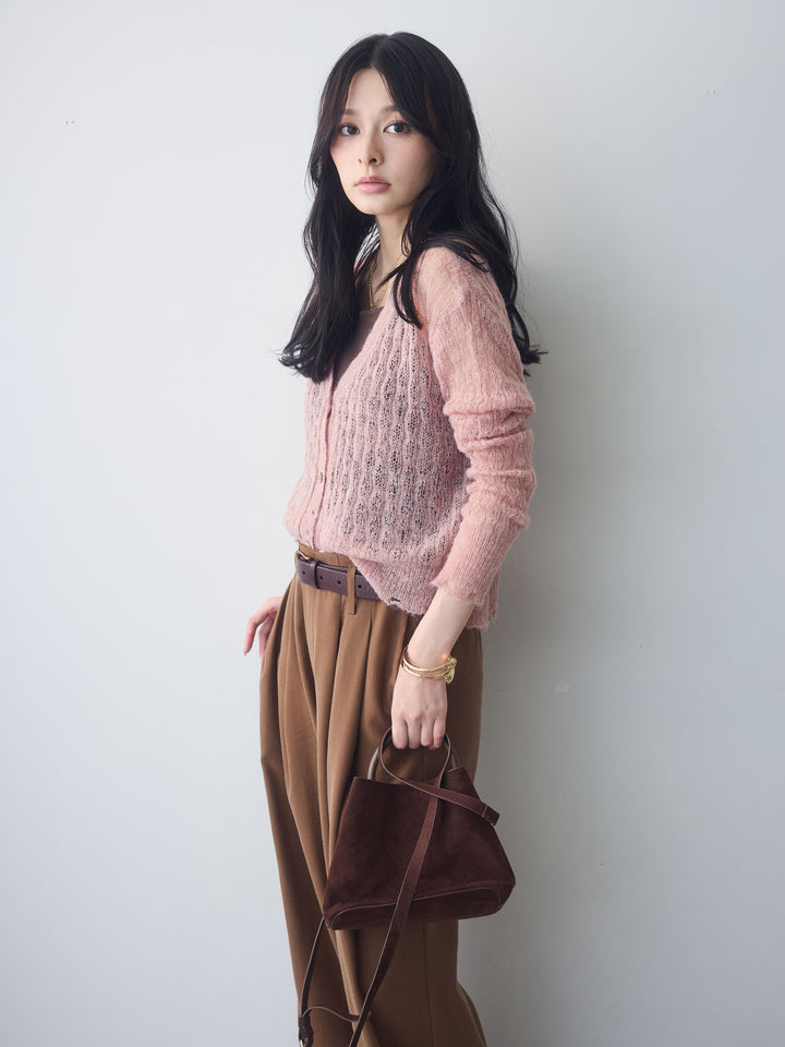 [SET]ダメージテクスチャーシアーニットカーディガン+ツータックドレープストレートパンツ(2set)