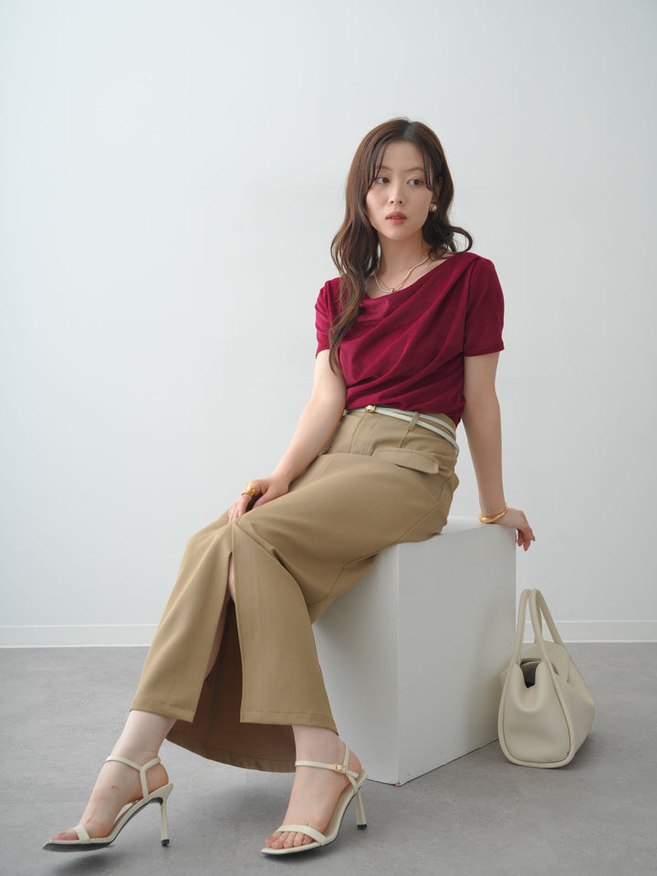 [SET]アシメネックシアーベロアトップス+クレープデシンフラップ付きストレートスカート(2set)