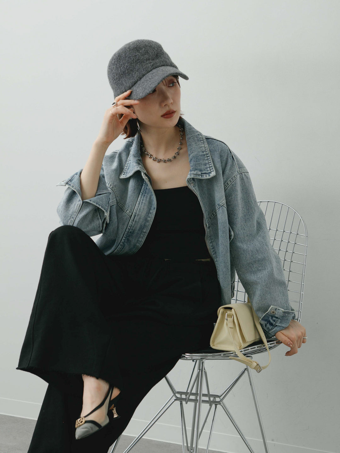 [SET]デニムショートブルゾン+カットオフスウェットワイドパンツ(2set)