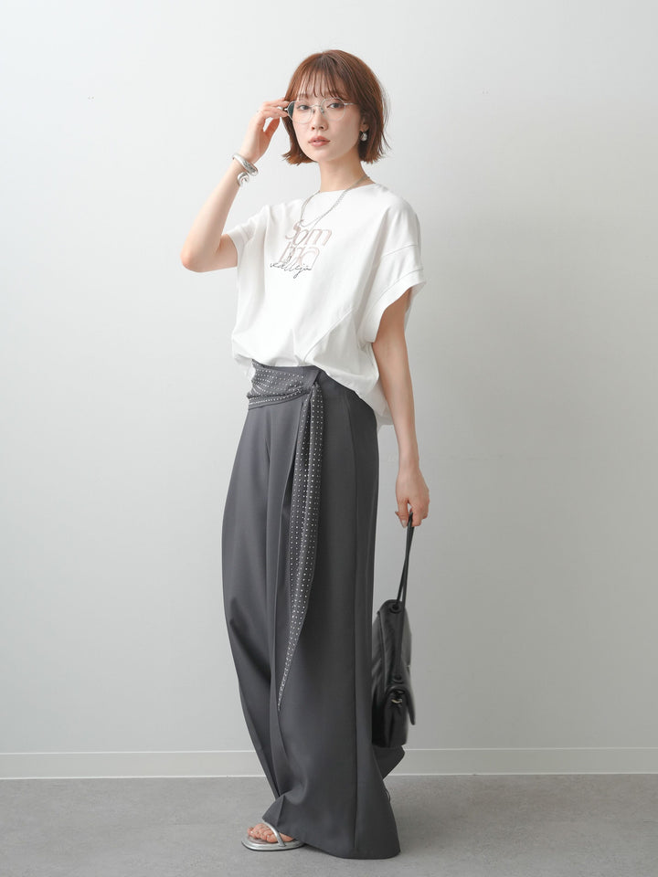 [SET]立体ロゴエンボスTEE +ビジューベルトタックワイドパンツ(2set)