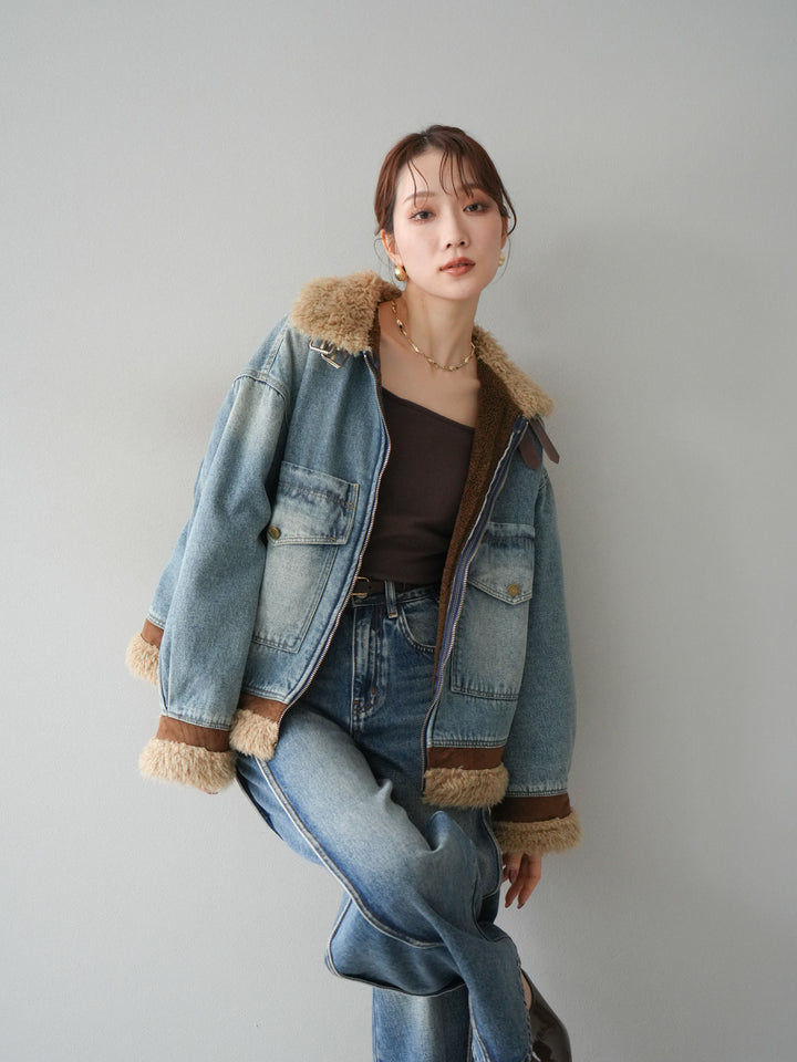 [予約]スタンドカラーファー×デニムジャケット/lightblue