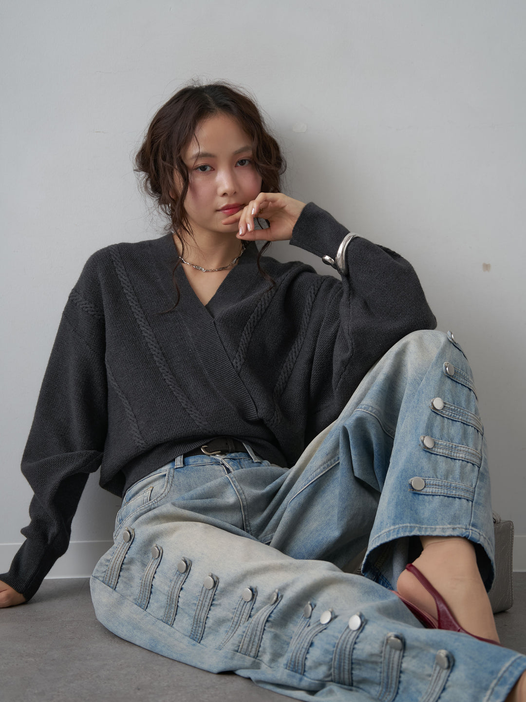 [SET]カシュクールミックスケーブルニットトップス+カシュクールミックスケーブルニットトップス(2set)