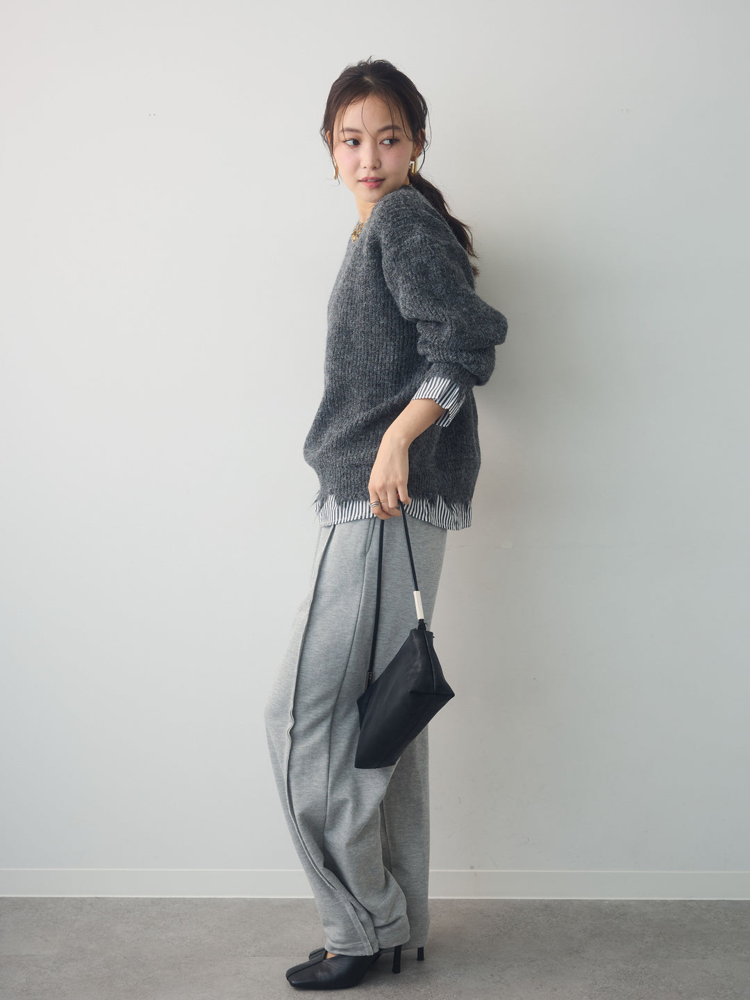 [SET]シャツレイヤードデザインモヘアプルオーバー+2WAYデザインスウェットパンツ(2set)