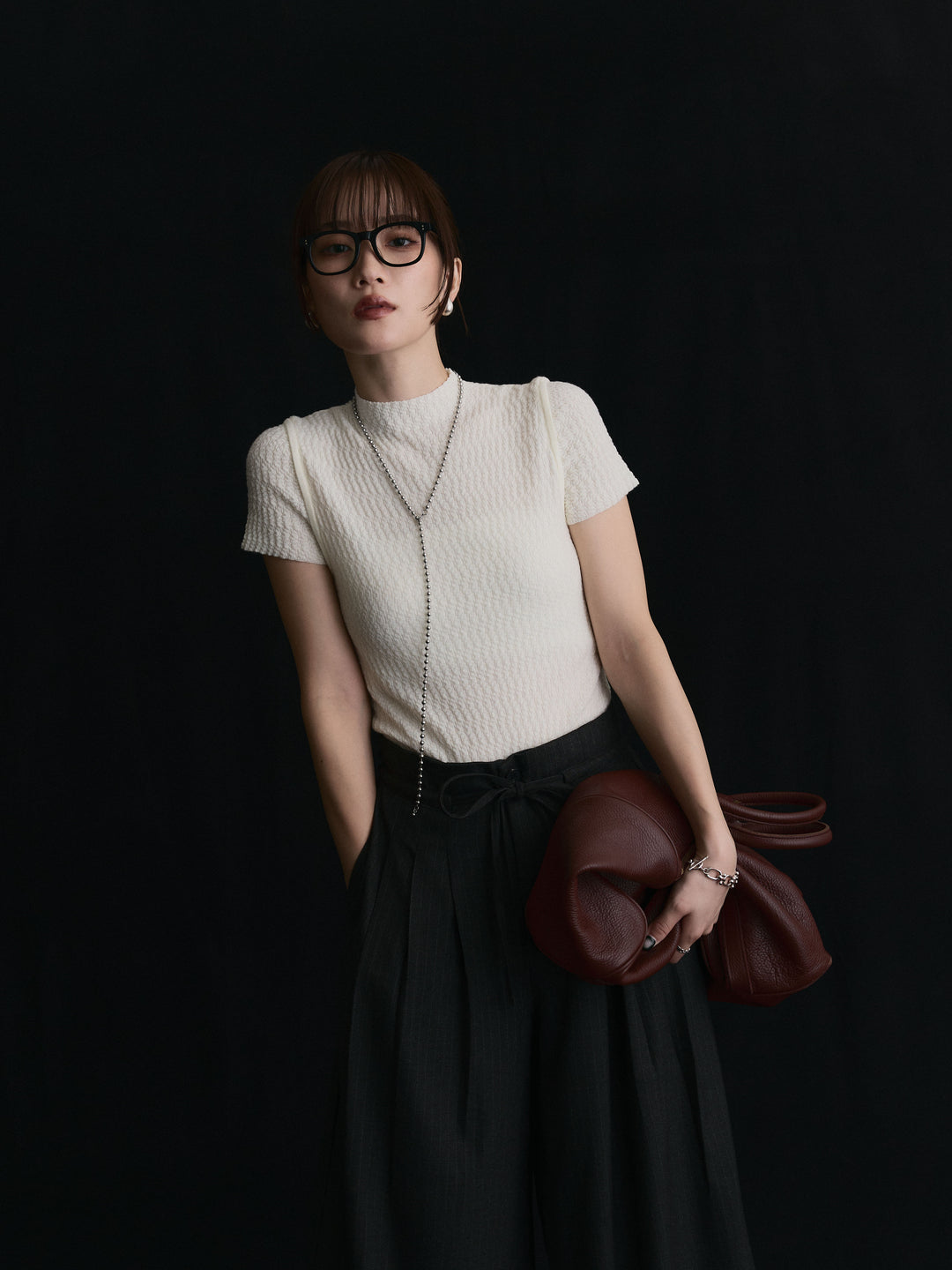 [予約]デザインリブハーフニットトップス/アイボリー